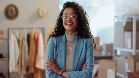 happy, face and woman with arms crossed in retail