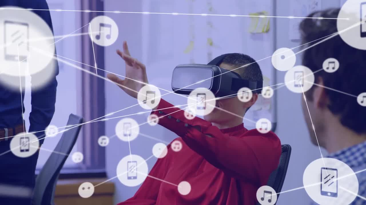 animación de la red de conexiones con iconos sobre diversas personas de negocios que usan auriculares vr