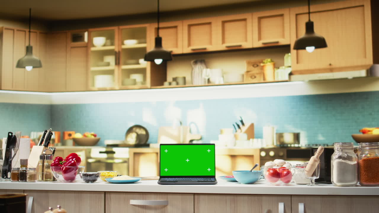 Green screen in modern kitchen interior with a pizza recipe in progress