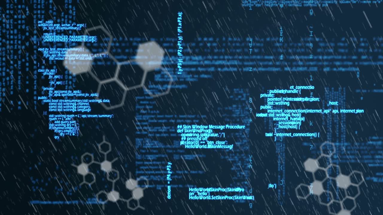 Animation of white hexagons over data processing on black and blue background