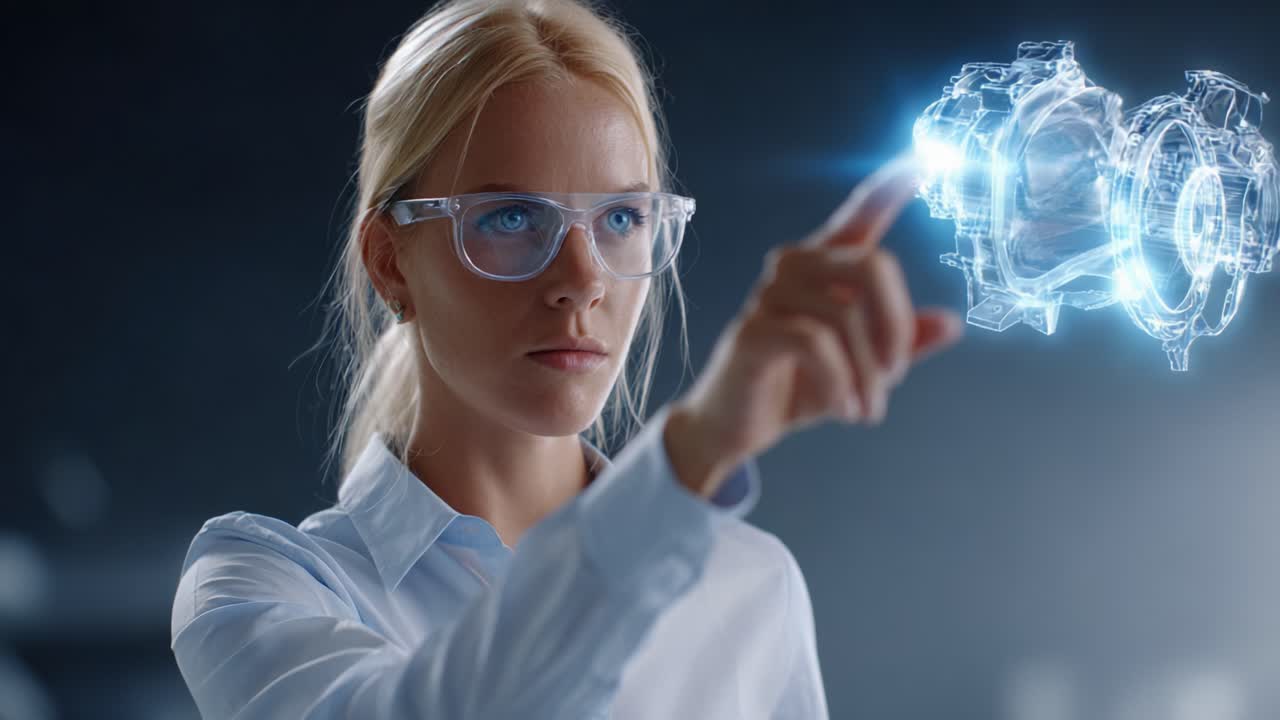 A female engineer interacts with a holographic design of a mechanical component, showcasing the fusion of technology and innovation in modern engineering practices