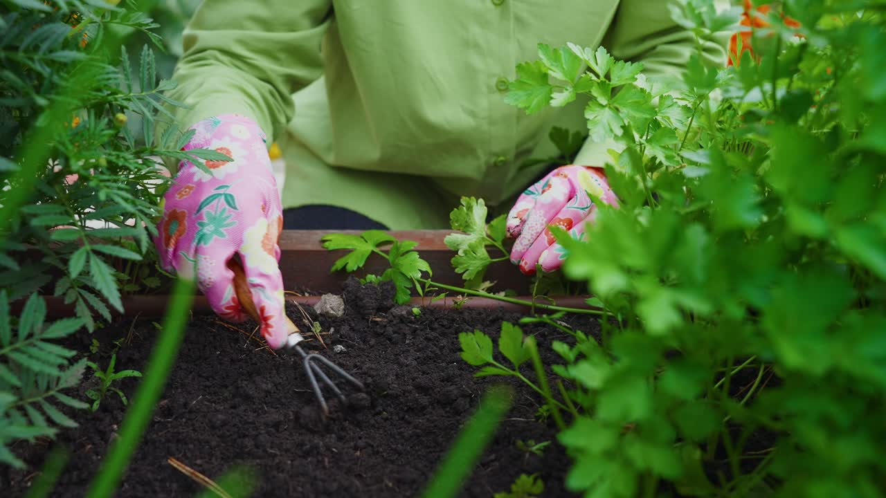 Close-up of Hands in Pink Gloves Cultivating Soil in a Garden Bed