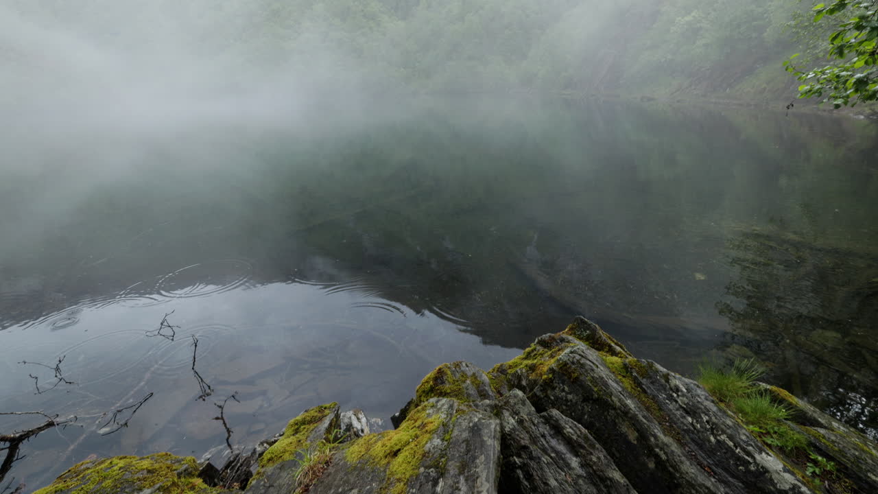 Pan up to a mystical lake, above which a cloud of fog blocks the view. The foreground is adorned with a rock and a tree. Raindrops patter on the still surface of the lake