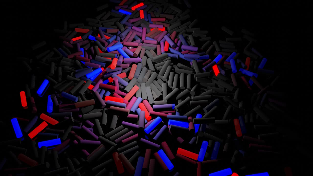 그레이 직사각형이 많은 3d 추상 루프 bg는 평면에 놓여 파란색, 빨간색, 보라색으로 빛납니다. 불은 추상적인 크리스마스 꽃줄기와 같은 모양을 형성하기 시작합니다. 다채로운 파도가 막대기를 가로질러 달립니다.