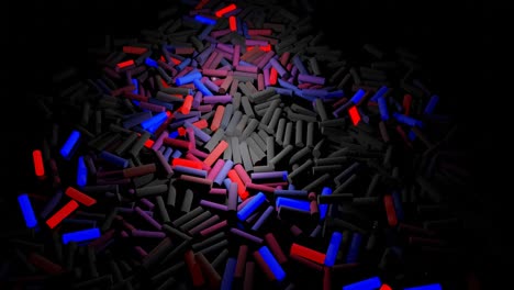 3d abstracto bg en bucle con muchos rectángulos grises se colocan en el plano y se encienden azul rojo púrpura. las bombillas comienzan a brillar formando un patrón como una guirnalda de navidad abstracta. ondas multicolores corren a través de palos