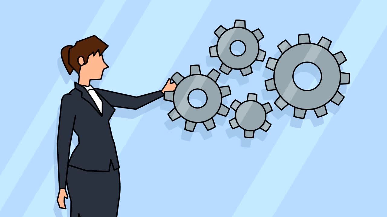 Flat cartoon businesswoman character rotates gears concept animation
