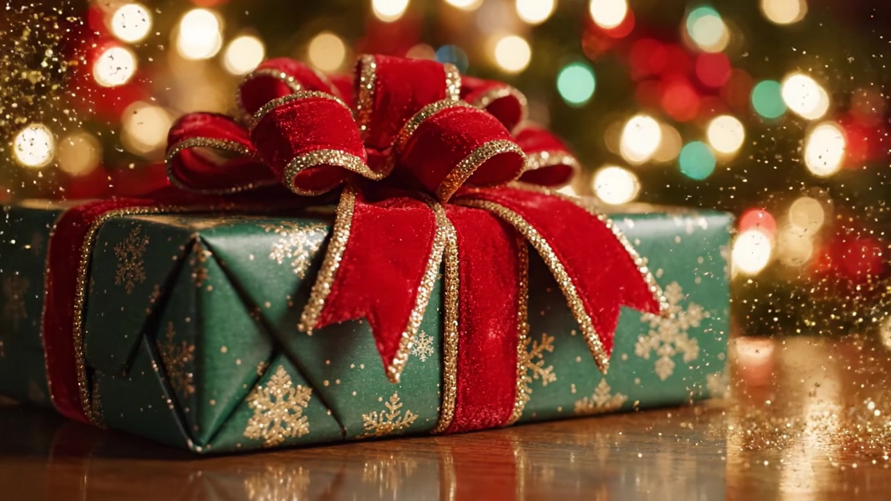Un regalo di Natale splendidamente incartato con un fiocco rosso su uno sfondo vibrante di luci natalizie e allegre decorazioni.