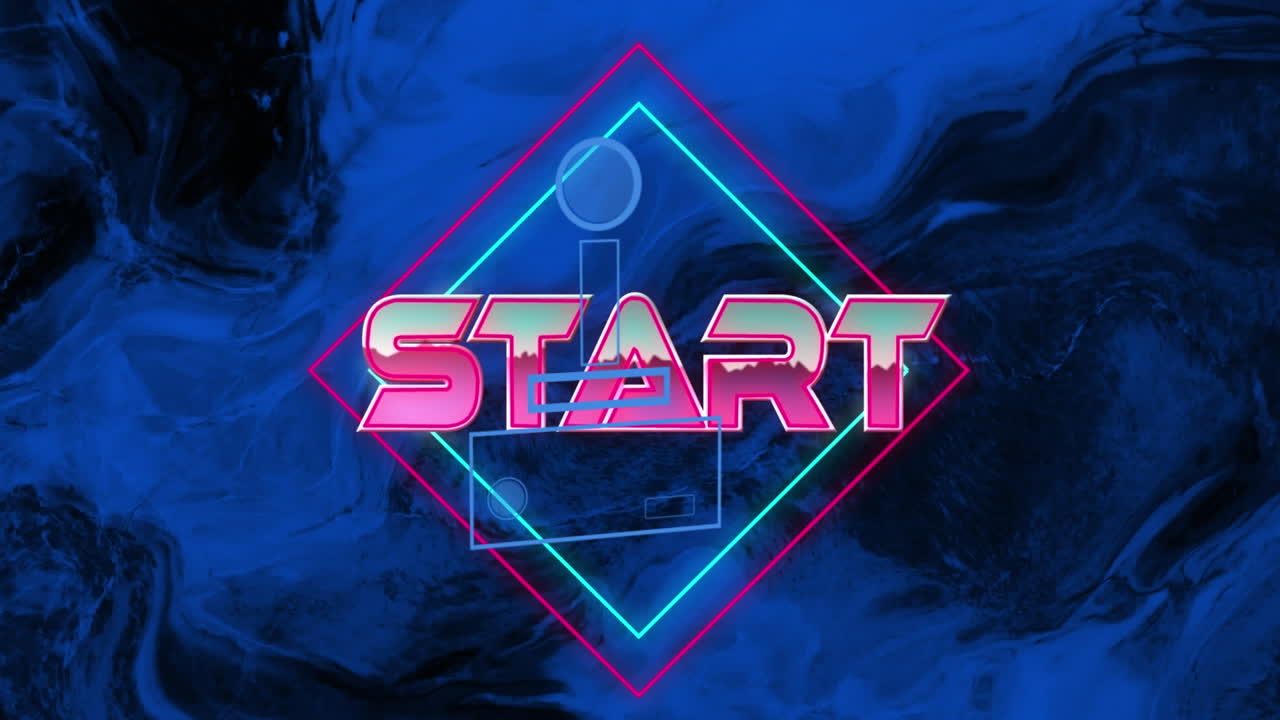 Animation of start text over neon shape and blue swirls
