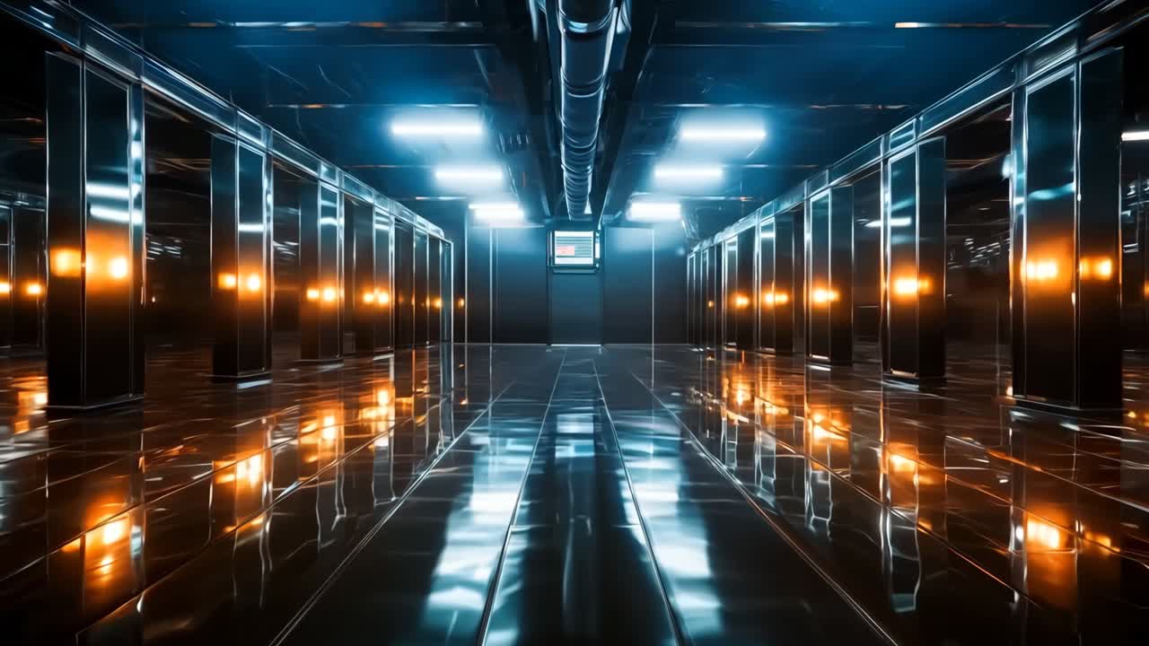 un largo pasillo en una sala de servidores con filas de servidores