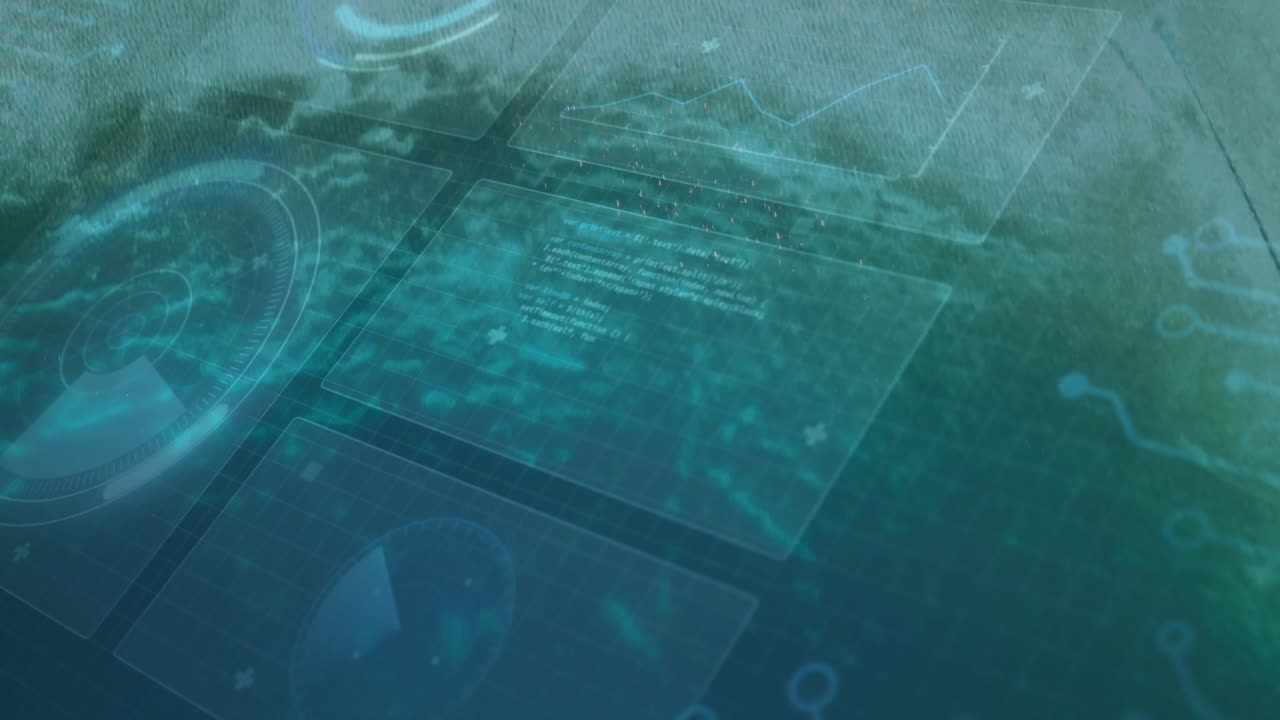 HUD panels being displayed over blue-green virtual scene, featuring radar circle and circuit motifs