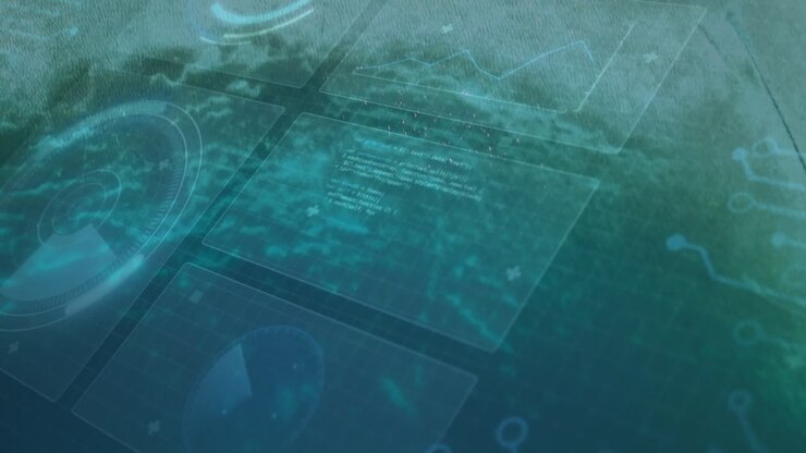 HUD panels being displayed over blue-green virtual scene, featuring radar circle and circuit motifs
