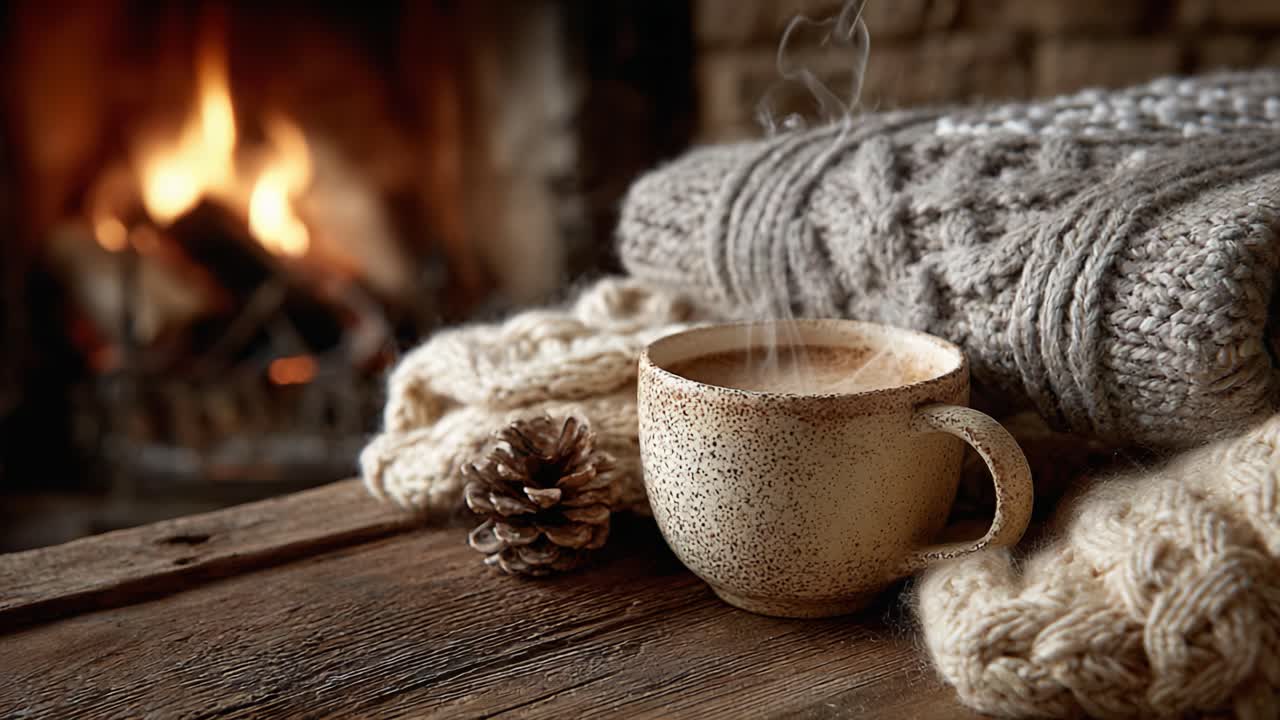 A Cozy Winter Scene Featuring a Cup of Warm Drink, Soft Knit Blanket, and Pine Cone by the Fireplace for a Perfect Relaxation Moment