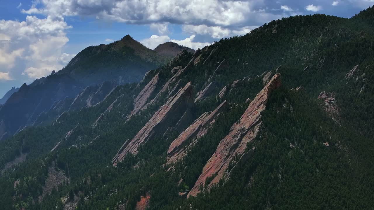 Green Flatirons Mountain Chautauqua Park Boulder Colorado aerial drone spring summer morning blue sky clouds Royal Arch Shanahan Ridge front range Rocky Mountains parallax circle left motion