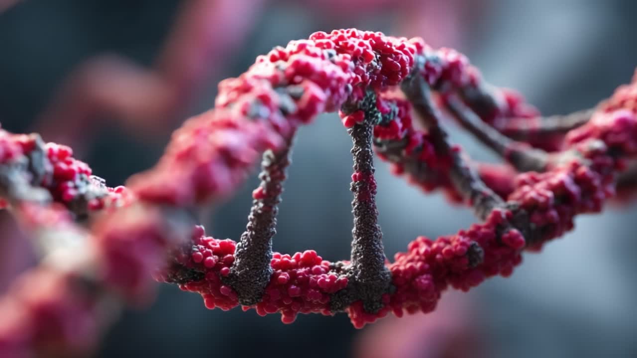Exploring the Intricacies of DNA Structure: A Close-Up View of the Double Helix with Vibrant Red and Gray Textures Highlights Genetic Complexity and Biological Unity