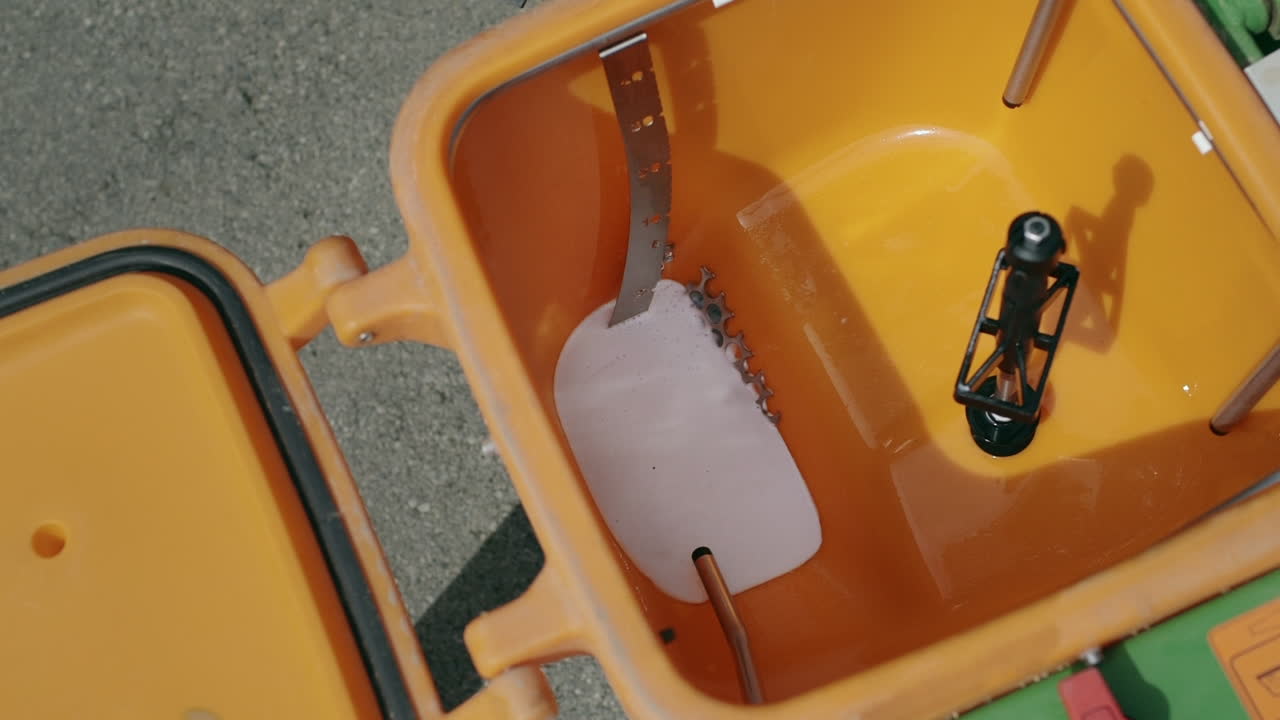 Close-up view of an orange plastic container with white powder and metal parts