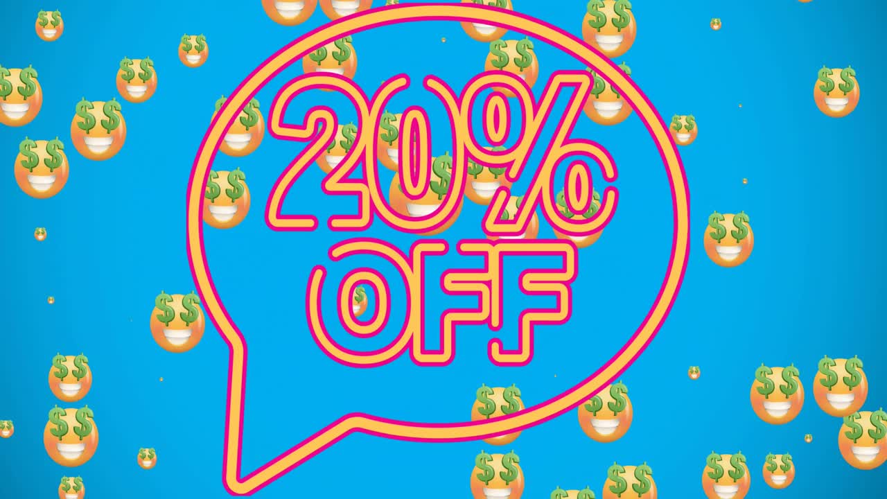 이모지 아이콘 위에 20퍼센트 싼 텍스트의 애니메이션