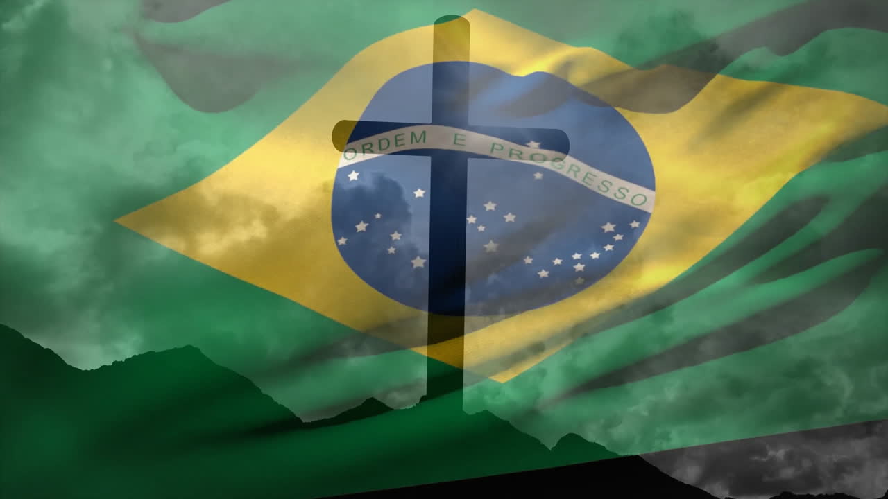 Viftende brasiliansk flag over bjergrigt landskab med overskyet himmel, skaber animation
