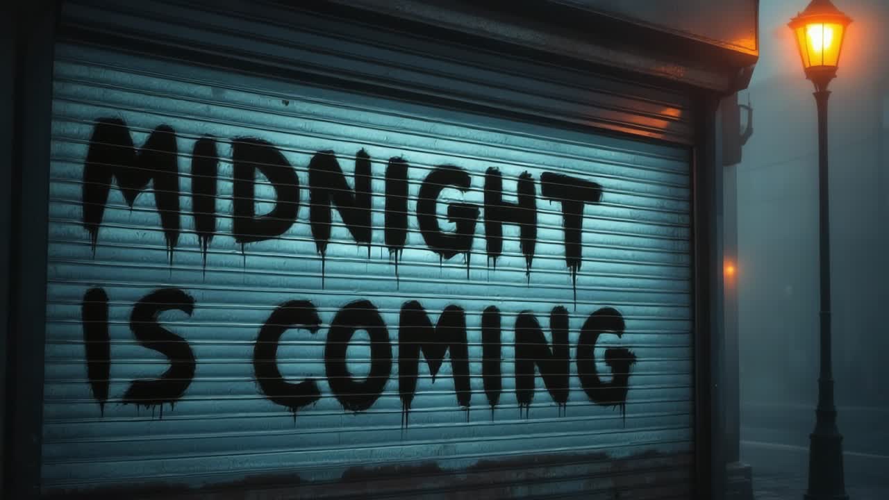 Urban scene with dramatic graffiti message illuminated by streetlight in foggy atmosphere