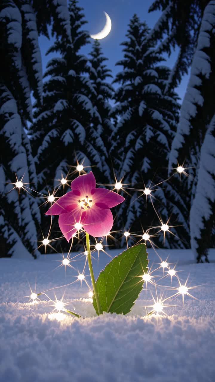 Una scena magica con un fiore luminoso nella neve, circondato da luci scintillanti