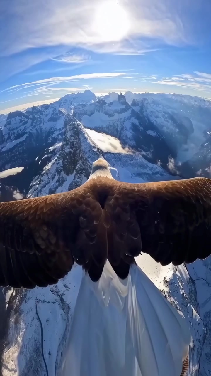 Aquila calva che vola sopra cime montuose innevate