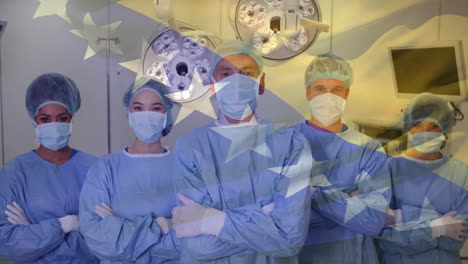 Five surgical team members standing in operating room, displaying animated heart icons and charts