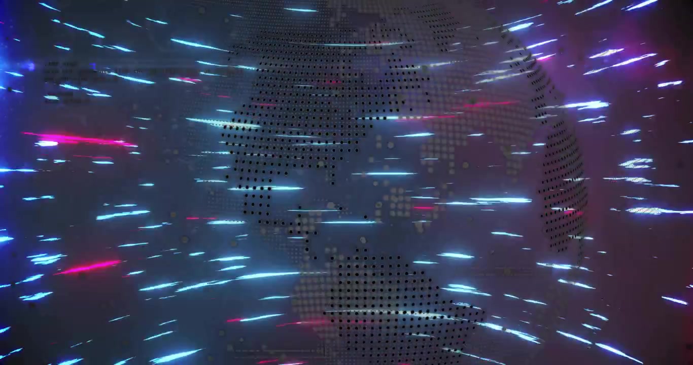 Contorno luminoso che emerge, globo digitale che ruota con scie al neon che turbinano, visualizzando il flusso di dati.