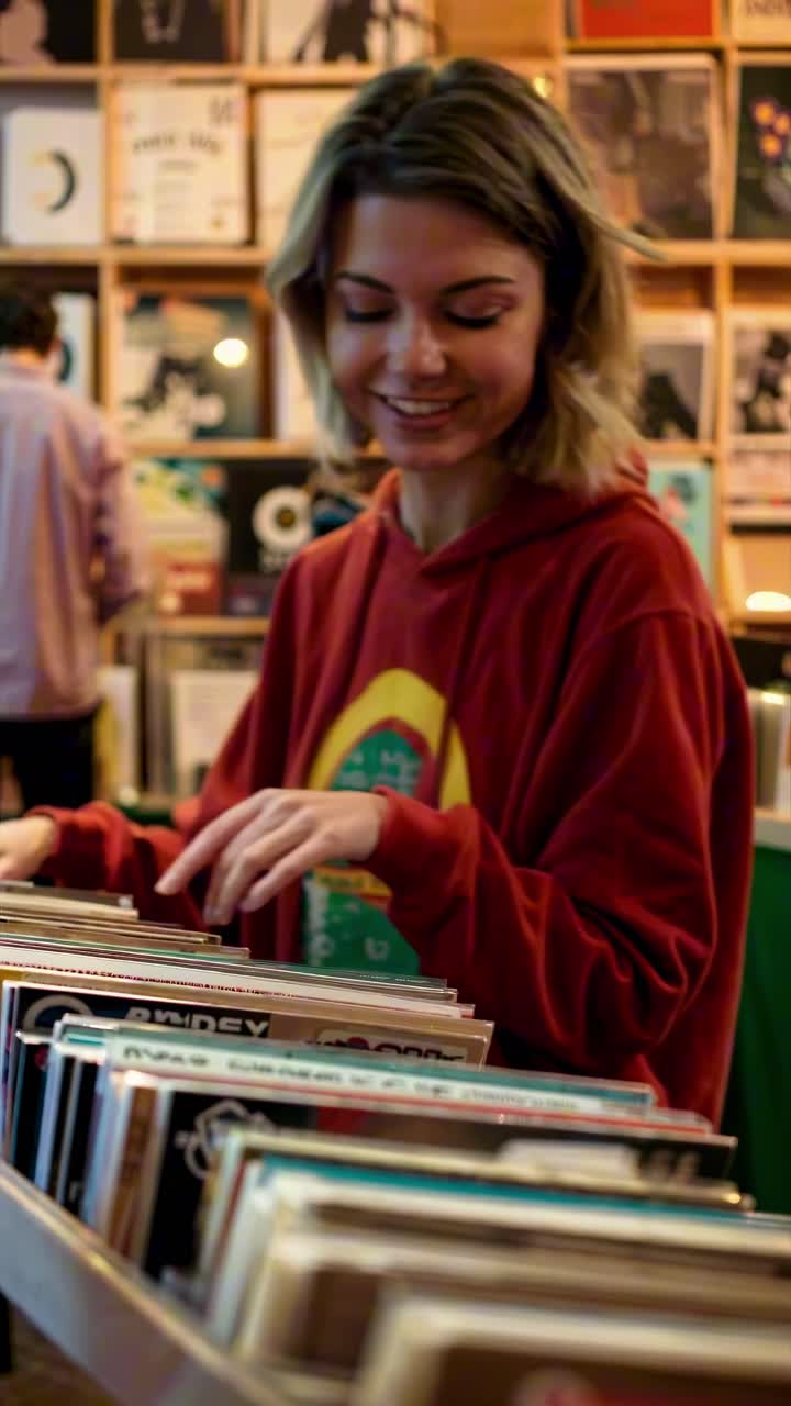 A candid side-angle shot of a woman browsing records in a cozy store, capturing a nostalgic vibe
