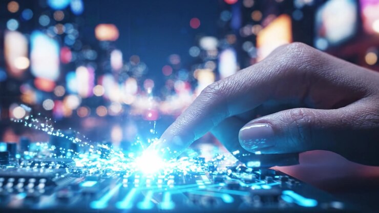 A Hand Interacting with a Circuit Board at Night, Highlighting the Fusion of Technology and Digital Connectivity in an Urban Environment