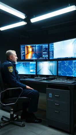 security guard monitoring surveillance screens in control room