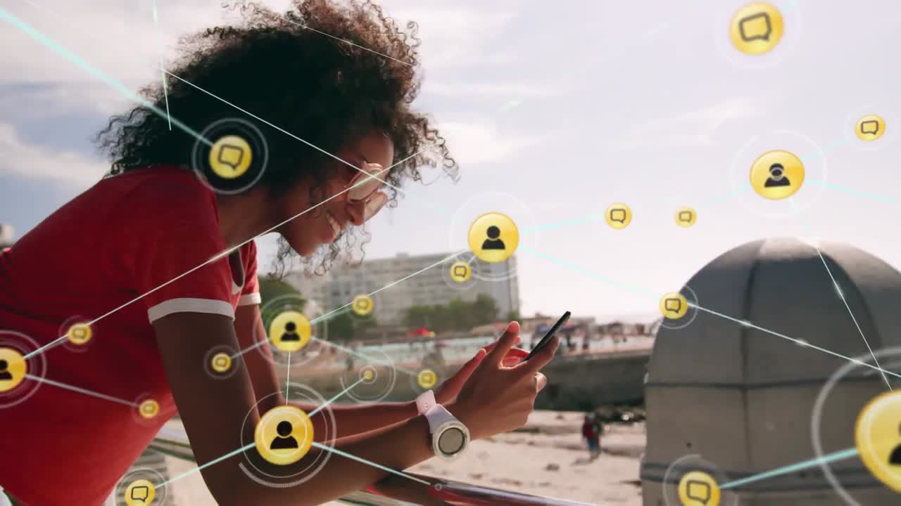 Online community and network over woman with smartphone.