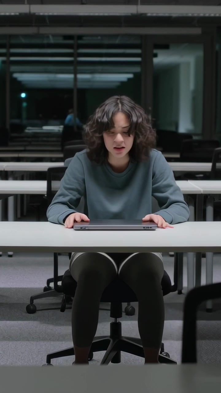 Vertikal video: Student i genser lener seg i en lesesal, bøyer hodet i utmattelse og lukker laptopen.