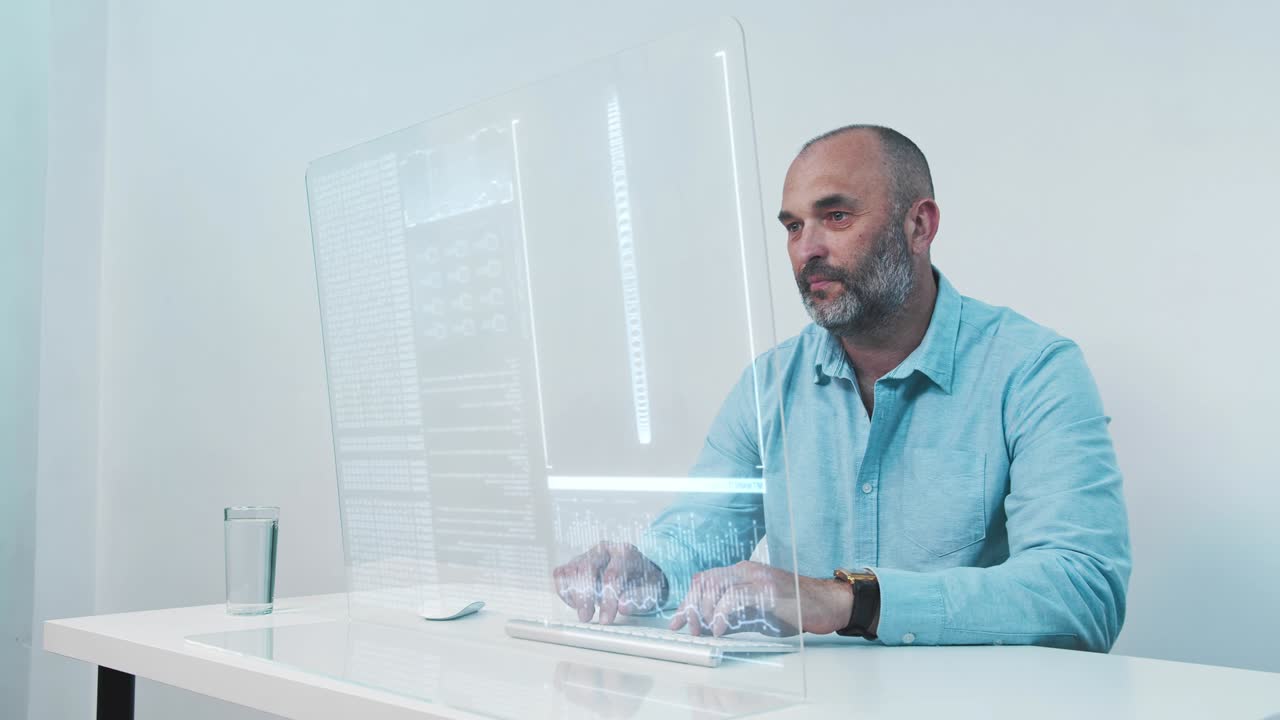 hombre trabajando con datos nft en computadora de escritorio