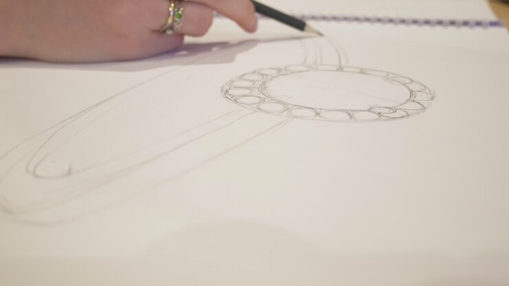 Close up designing a custom wedding ring sketch 2