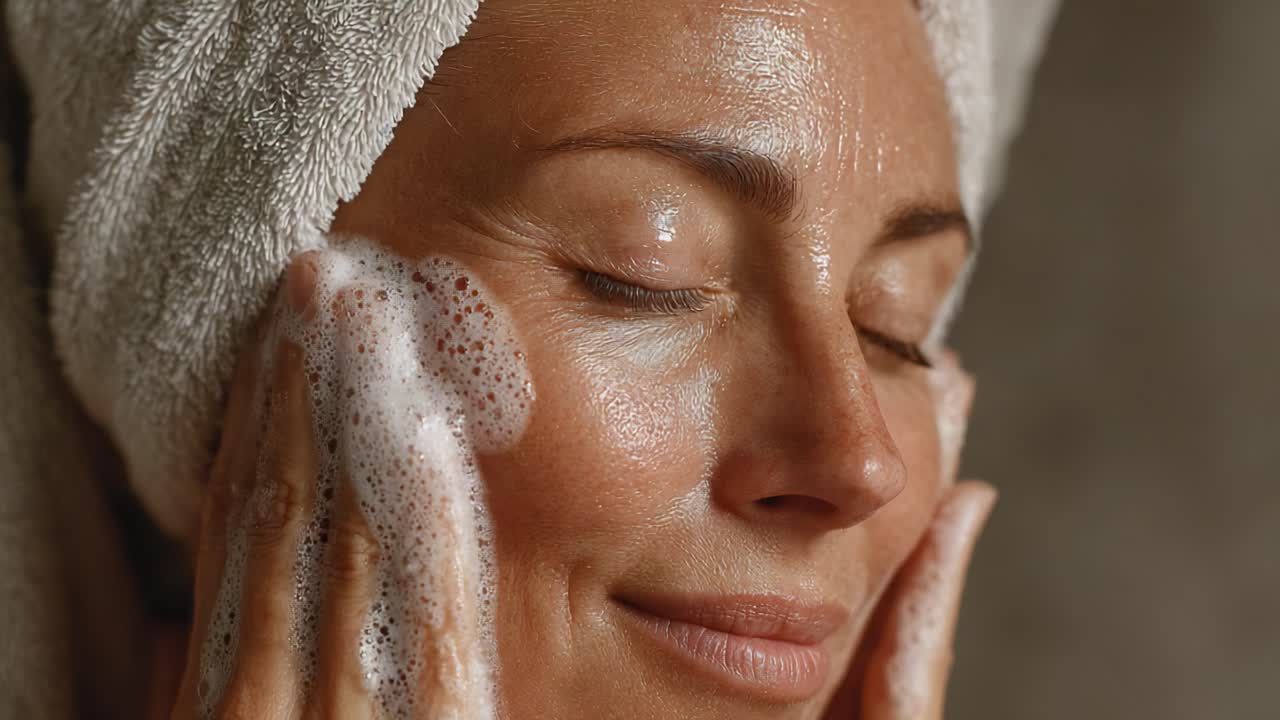 A refreshing skincare routine: A woman enjoys a gentle facial cleansing with rich foam, promoting radiant and healthy skin as she indulges in self-care and relaxation