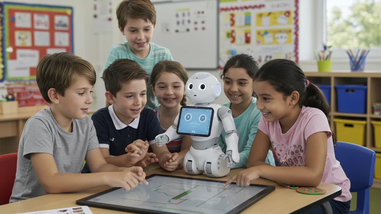 A group of children engage actively with a robot while exploring interactive technology, fostering learning and collaboration in a classroom environment