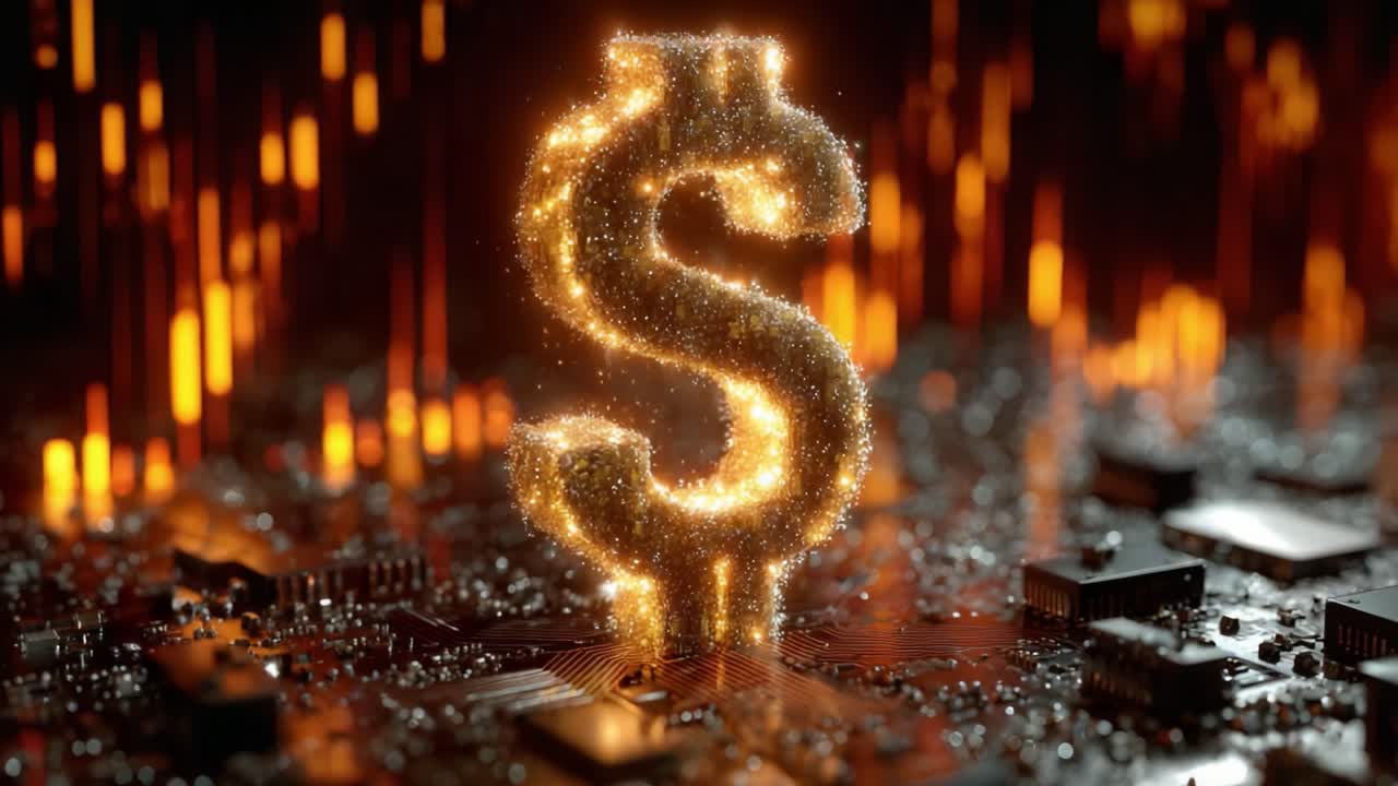 Digital Currency Transformation: A Glowing Dollar Sign Raised Above a High-Tech Computer Circuit Board Illustrating the Intersection of Money and Technology
