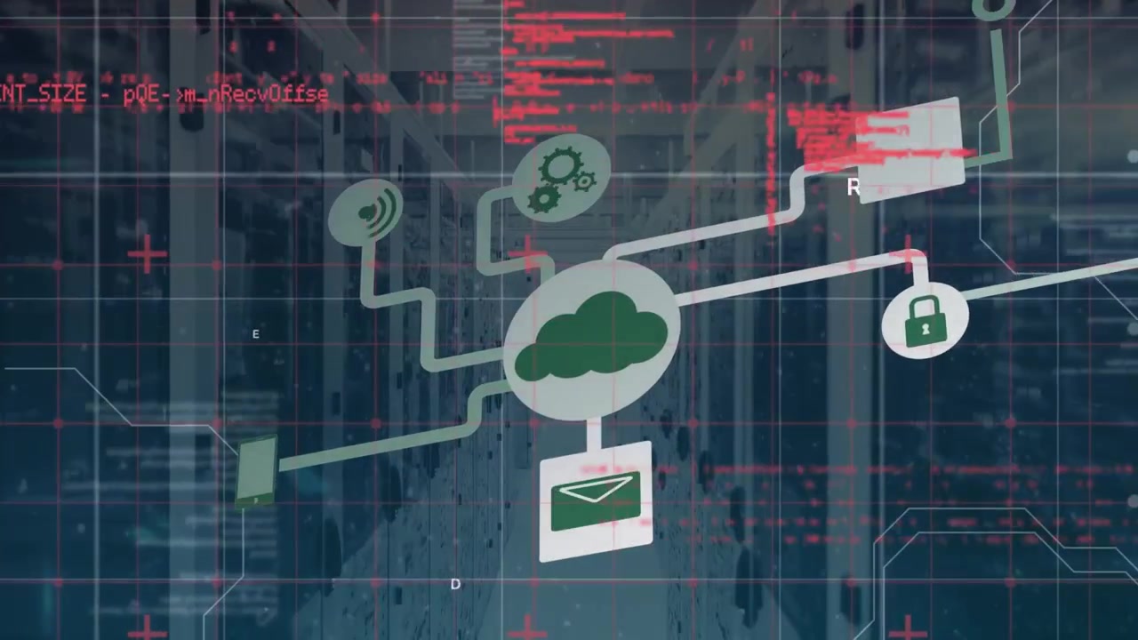 Digital Cloud Computing Network Diagram Over Server Room Background