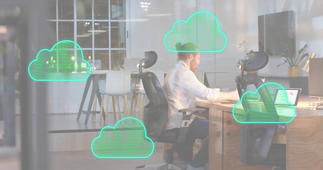 Cloud icons appearing around woman sipping coffee, syncing data in tech hub before colleague typing