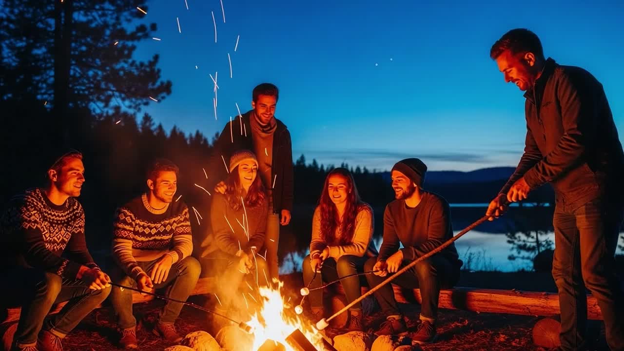 A Cozy Evening Around the Campfire: Friends Enjoying Food, Laughter, and Warmth Under a Beautiful Twilight Sky by the Lake