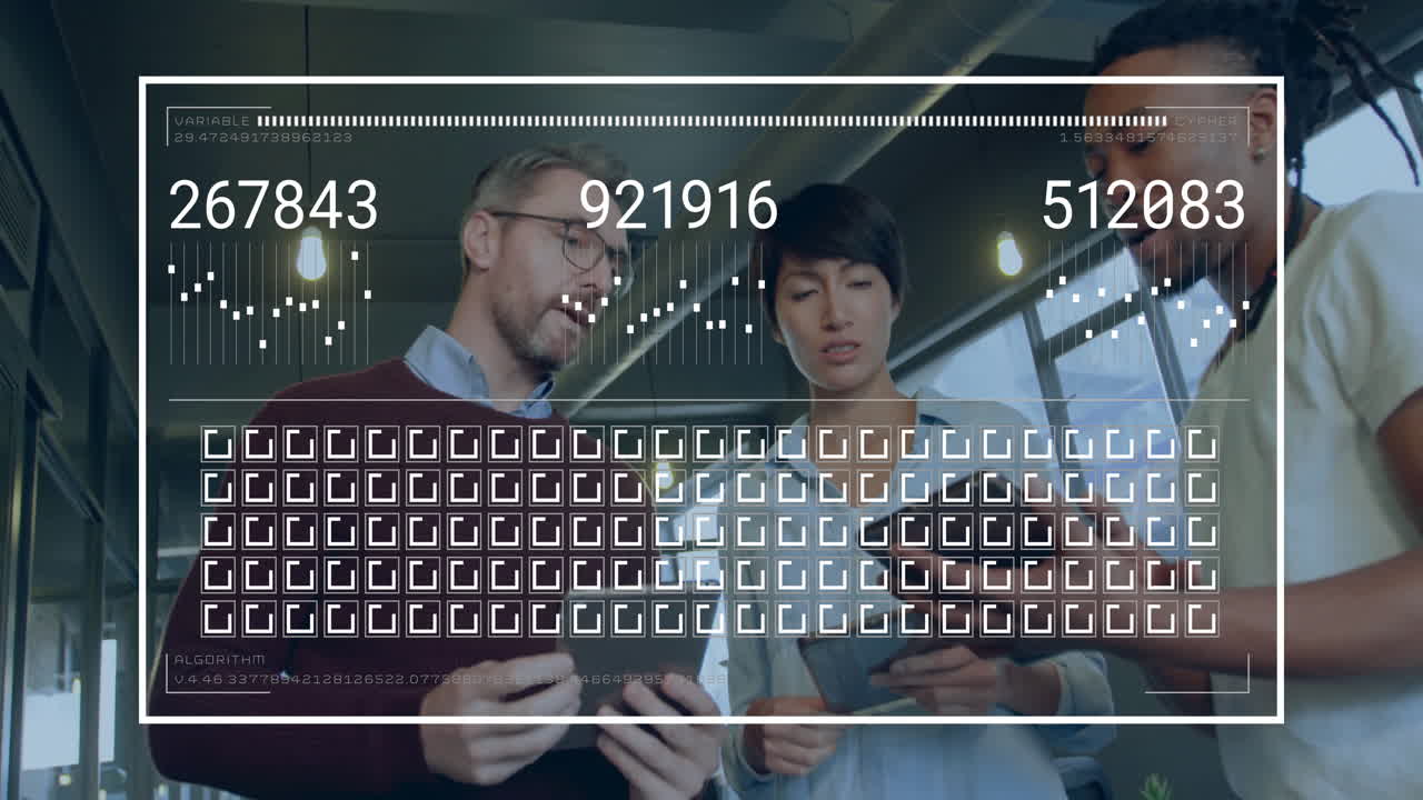 Animation of data processing over diverse business people in office