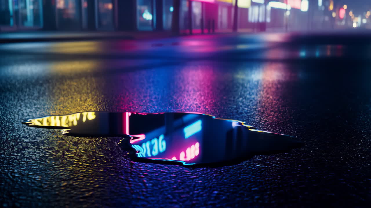 Neon City Lights Reflected in a Wet Street Puddle at Night