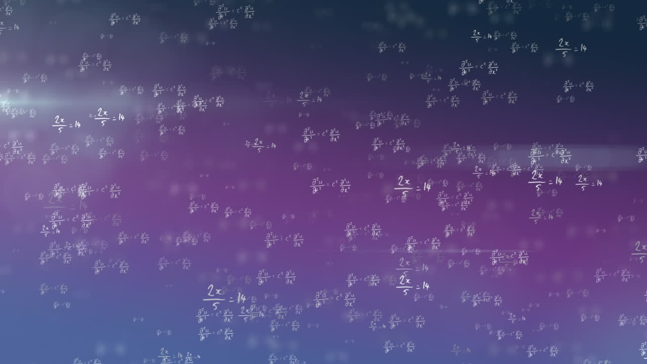 Animation of mathematical formulae floating on purple background