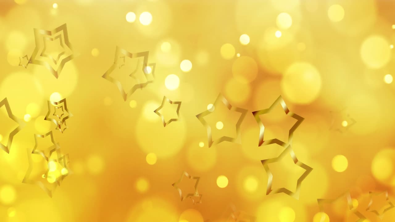 금색 크리스마스 별과 움직이는 노란색 보케 빛 반점이 오렌지색 배경에 빛나는 애니메이션