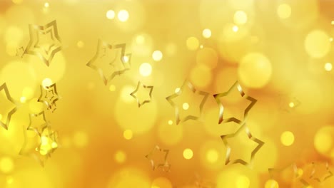 Animation-of-gold-christmas-stars-and-moving-yellow-bokeh-light-spots-light-on-orange-background