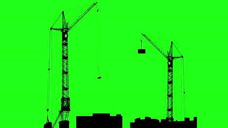 silhouette of two cranes working on the building. green screen background. 4k animation.