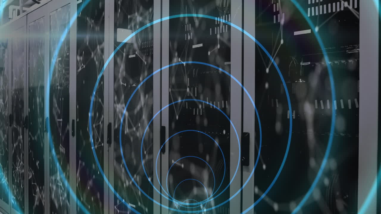 Animation of tunnel with neon shapes over server room