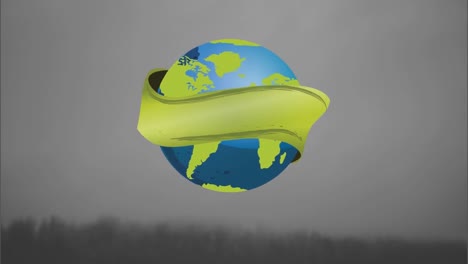 animation of globe with banner rotating over landscape