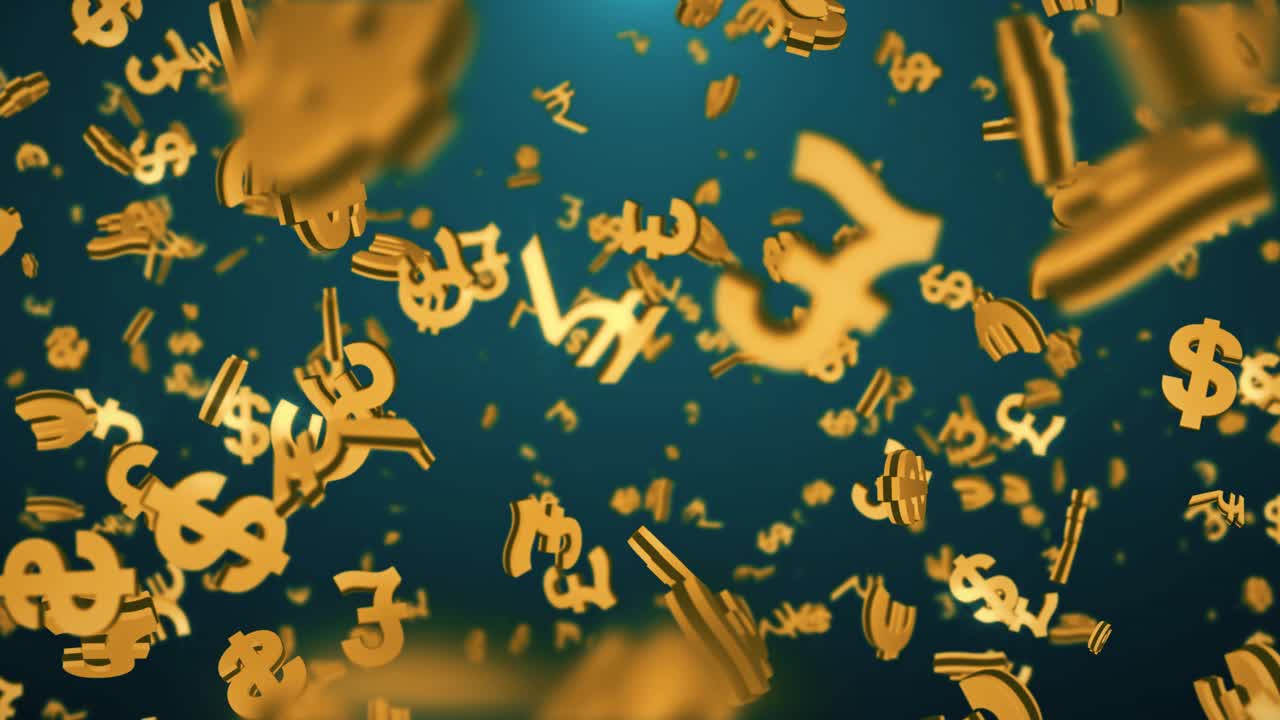 Golden currencies symbols falling down in low depth of field for financial themes s money stock
