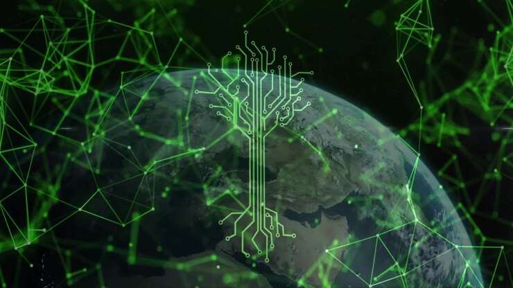Starting glow intensifying filament branching into circuit tree rotating earth showing connectivity