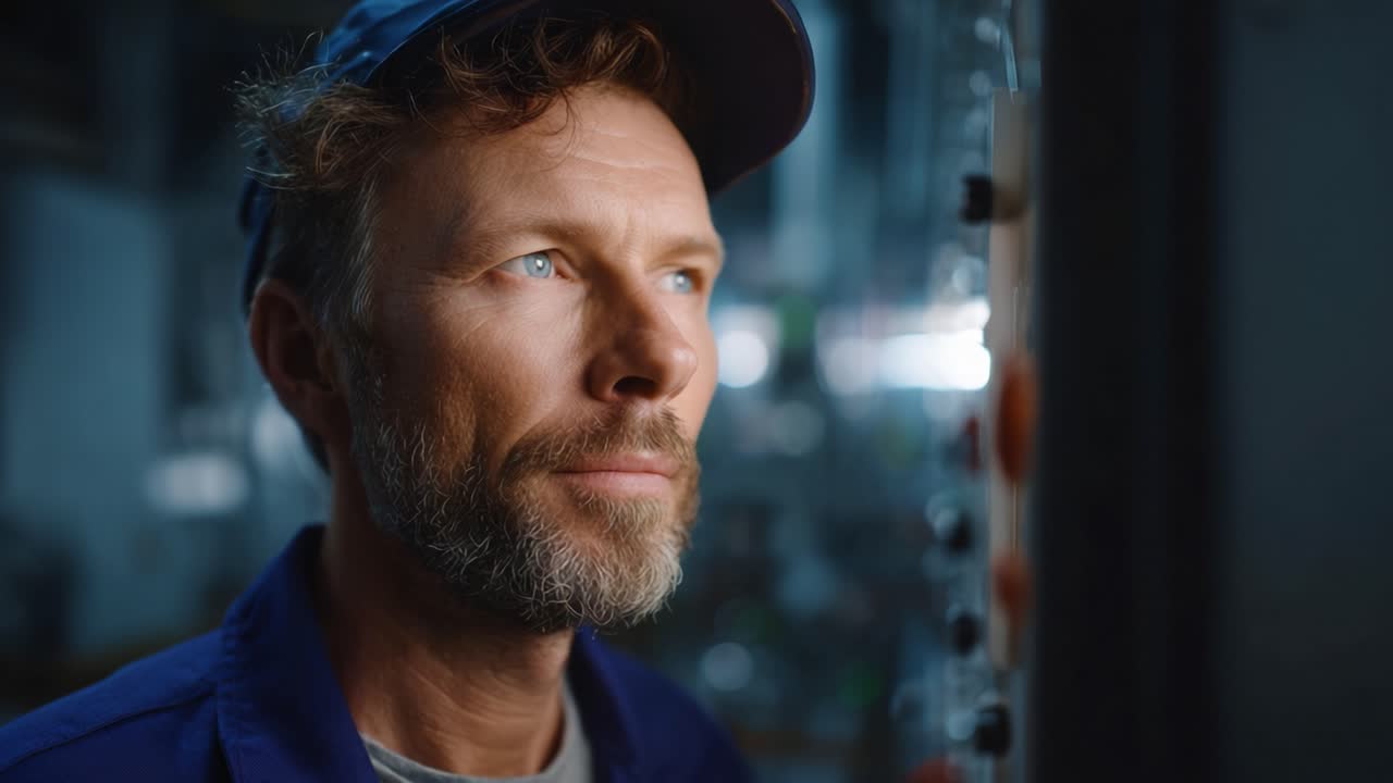 Een gefocuste werker overpeinst in een werkplaats, wat sterke emoties en vastberadenheid benadrukt, omringd door gereedschap en industriële apparatuur die de productiviteit bevorderen